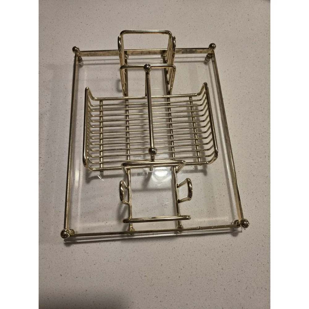 Vintage‎ MCM Gold Tone Metal & Lucite MAKE-UP Silverware Buffett Caddy Tray